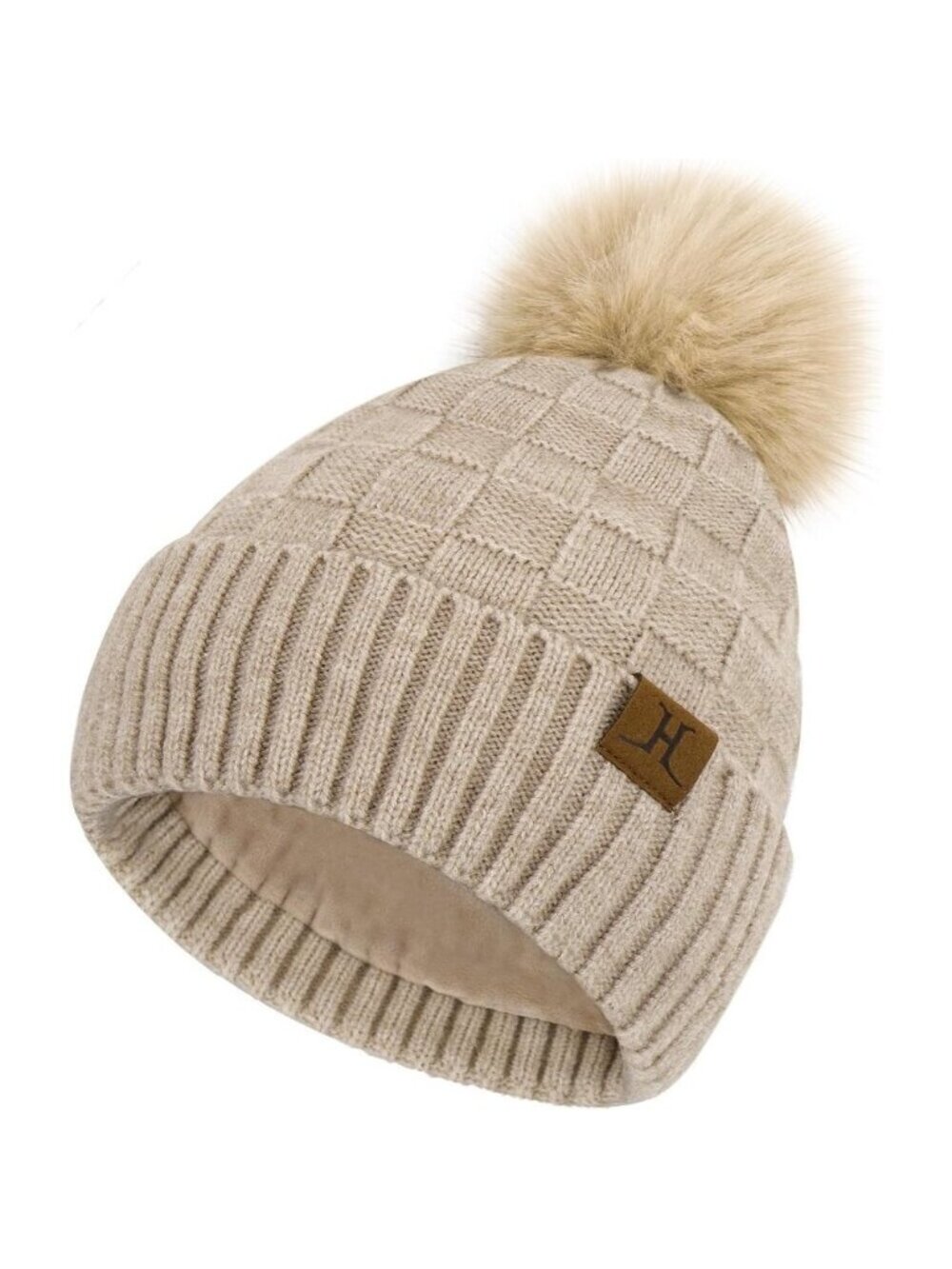 Womens Winter Beanie Hat Knit Plaid Fleece Lined Pompom Warm Skull Cap Gift